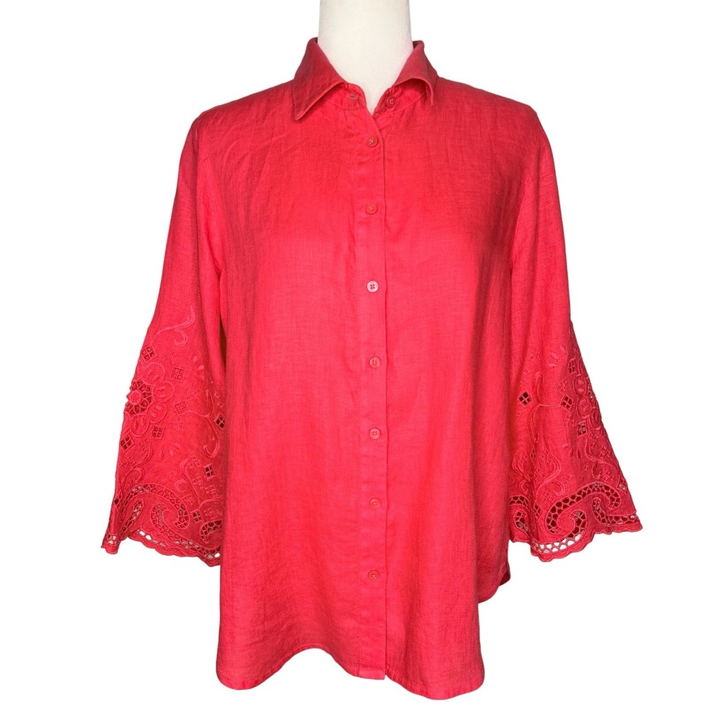 Chicos 100% Linen Shirt Size 1 (US 8/M) Embroidered‎ Bell Sleeve Button Up Top